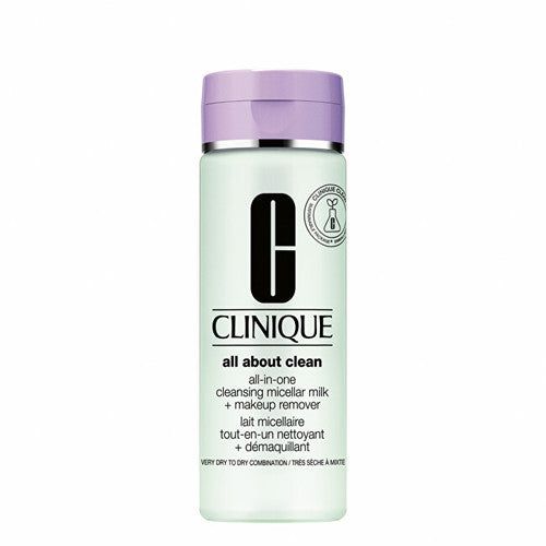 Clinique „Viskas viename“ valomasis micelinis pienas + makiažo valiklis (sausai ir labai sausai odai) – švelnus valomasis pienas 200ml