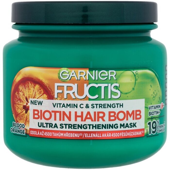 GARNIER Fructis vitaminų ir stiprumo biotino plaukų bombos kaukė – stiprinamoji kaukė silpniems, slinkti linkusiems plaukams.