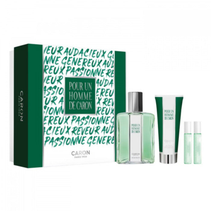 Pour un Homme de Caron dovanų rinkinys EDT Kvepalai 125 ml, dušo želė 75 ml, miniatiūrinis Le Matin EDT Kvepalai 5 ml ir miniatiūrinis Le Soir EDP Kvepalai 5 ml Vyrams