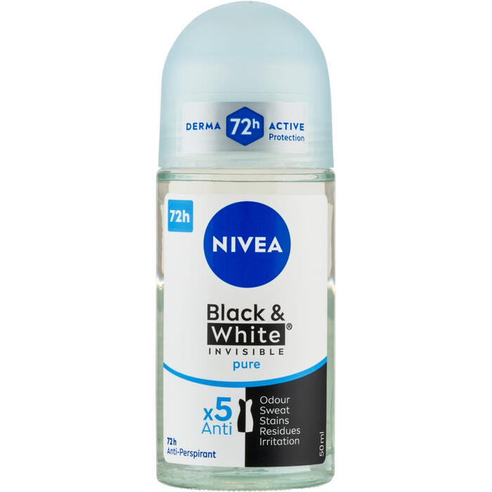 Nivea Black & White Invisible Pure 72h — rullējams pretsviedru līdzeklis (50 ml) sievietēm