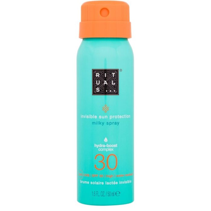Rituals „The Ritual Of Karma Invisible Sun Protection Milky Spray SPF30“ – vandeniui atsparus ir drėkinamasis apsauginis pienelis purškiamame skystyje.