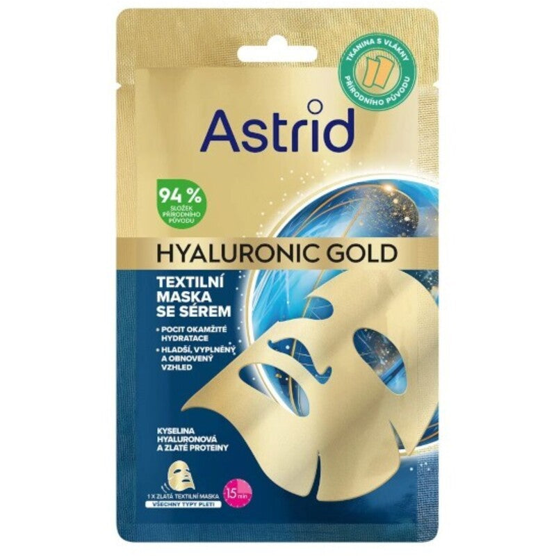 Astrid Hyaluronic Gold Mask – tekstilinė kaukė su aukso baltymais, skirta lygesnei išvaizdai ir odos apimties atstatymui