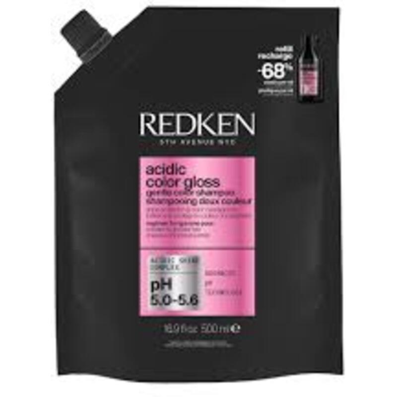 Redken „Acidig Color Gloss Gentle šampūnas Refill“ – šviesinantis šampūnas, užtikrinantis ilgalaikę plaukų spalvą ir blizgesį. 500ml