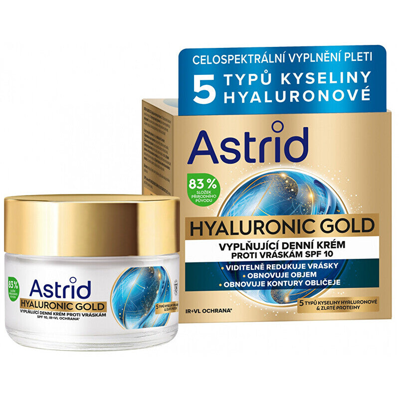Astrid Hyaluronic Gold Cream SPF 10 – Papildantis dieninis kremas nuo raukšlių su aukso baltymais 50ml