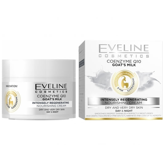 „Eveline Cosmetics“ intensyviai regeneruojantis dieninis ir naktinis kremas su koenzimu Q10 ožkos pienu – drėkinamasis odos kremas. - Glamur
