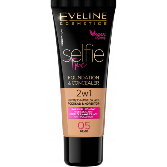 Eveline Cosmetics „Selfie Time 2in1“ makiažo pagrindas ir korektorius – ilgai išliekantis makiažas „2in1“, 30 ml (04 Natural) Moterims