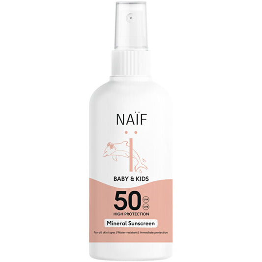Naif Mineralinis kremas nuo saulės SPF 50 – purškiklis nuo saulės vaikams 100ml
