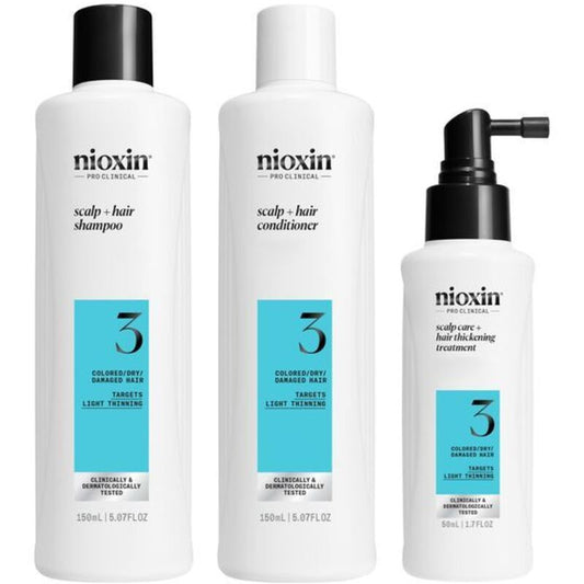 „Nioxin System 3“ plaukų priežiūros rinkinys – priežiūros rinkinys ploniems, dažytiems, šiek tiek retėjantiems plaukams.