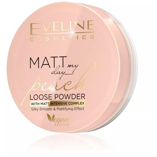 „Eveline Cosmetics Matt My Day Peach“ biri pudra, suteikianti švelnumo ir matiškumo, 6 g