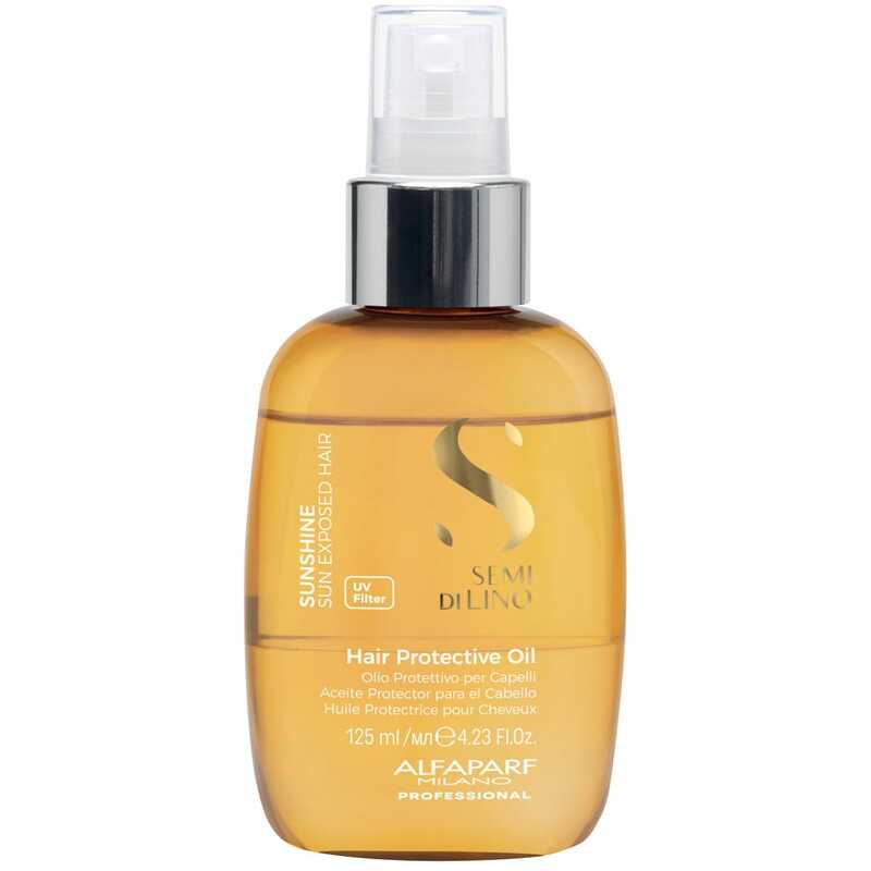 Alfaparf Milano „Semi Di Lino Sunshine Hair Protective Oil“ – apsauginis aliejus saulės nudegintiems plaukams.